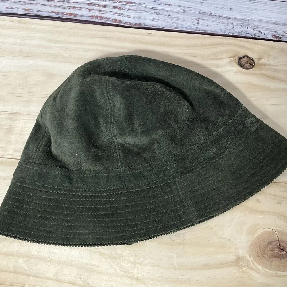 J. Crew Women's M/L 100% Leather Suede Bucket Hat Designer Classic Green Tassel